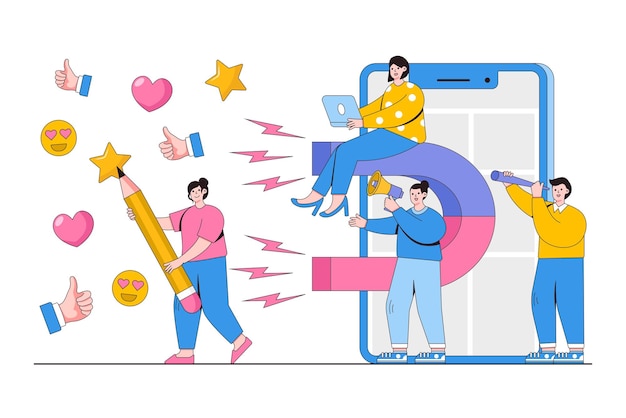 La ilustración vectorial de un gran imán atrae la calificación de buenas críticas con personajes de personas y teléfonos móviles