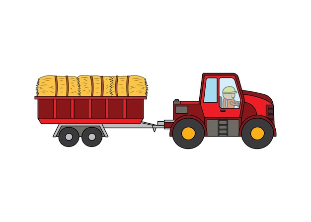 ilustración vectorial Granjero de niños de color dibujado a mano conduciendo un tractor con heno