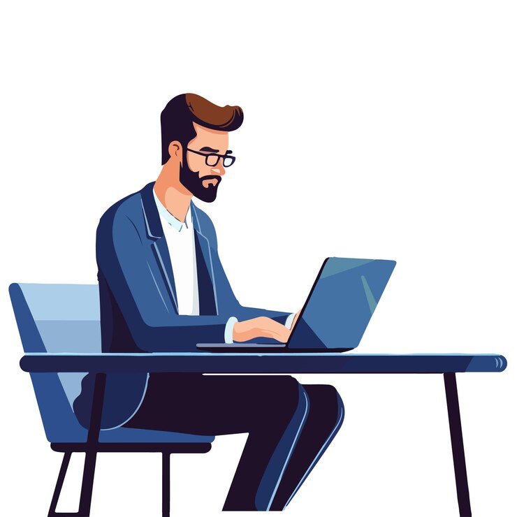 Vector ilustración vectorial gratuita de un hombre trabajando en la computadora portátil