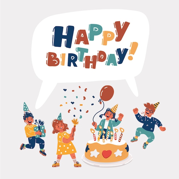 Ilustración vectorial de un grupo de niños celebrando una fiesta de cumpleaños juntos