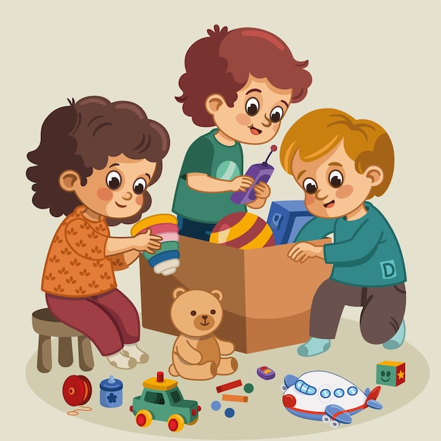 Ilustración vectorial de un grupo de niños jugando con sus juguetes