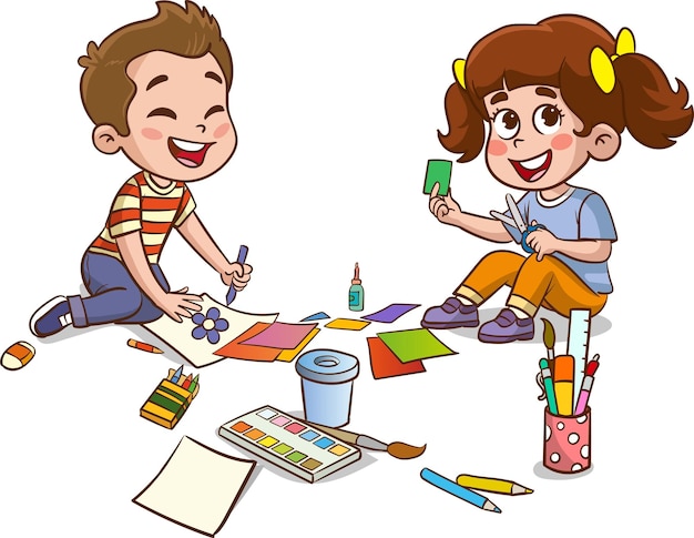 Vector ilustración vectorial de un grupo de niños pequeños y lindos cortando papel para el arte con un amigo