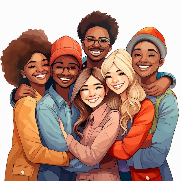 Vector ilustración vectorial de un grupo de personas felices abrazándose o un grupo de amigos pasando el rato