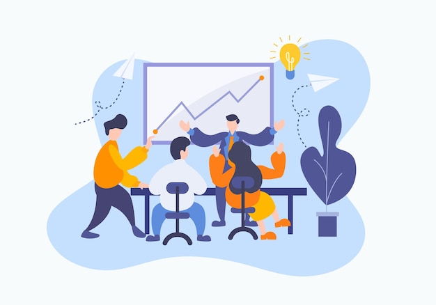 Ilustración vectorial de un grupo de personas que están pensando en una idea de estrategia de análisis