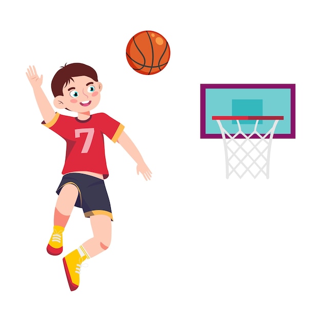 Ilustración vectorial de un guapo jugador de baloncesto Un niño Una escena de dibujos animados con un jugador de basketball deportivo sonriente arrojando la pelota al aro de los oponentes aislado sobre un fondo blanco