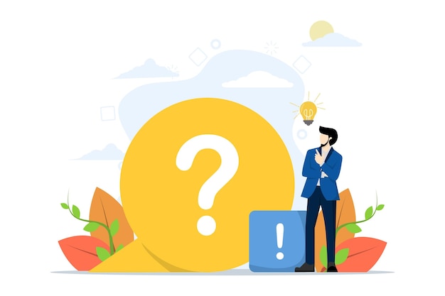 Ilustración vectorial de una guía de clientes o concepto de preguntas frecuentes con un hombre con un gran signo de interrogación