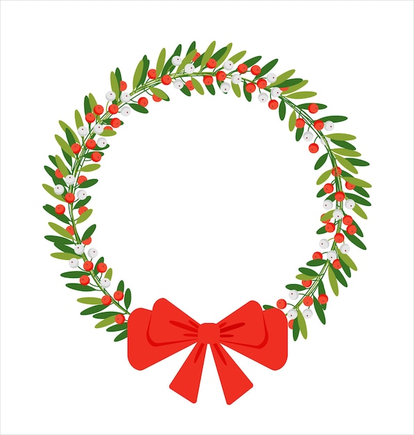 Ilustración vectorial Guirnalda de decoración navideña con bayas de invierno y lazo rojo sobre fondo blanco