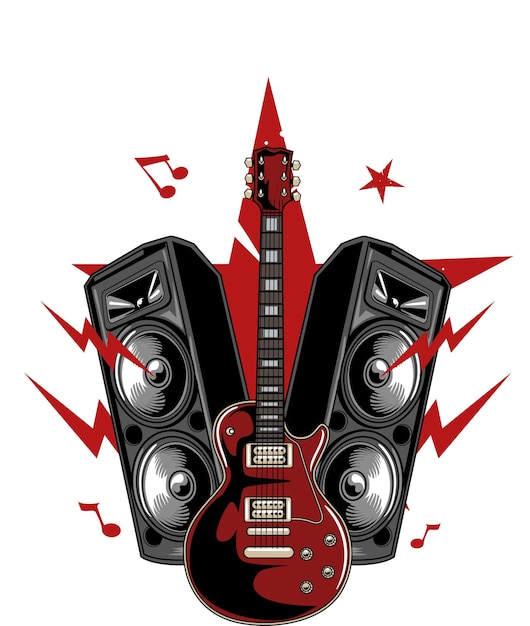 Vector ilustración vectorial de guitarra y altavoces activos con estilo de dibujo a mano disponible para el diseño de camisetas
