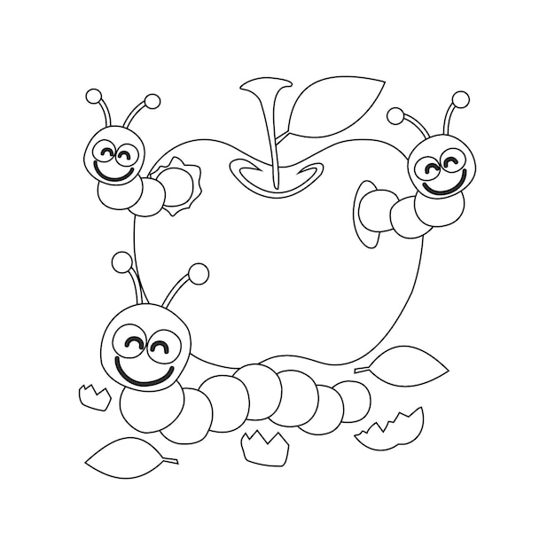 Ilustración vectorial de gusanos lindos comiendo una manzana para colorear