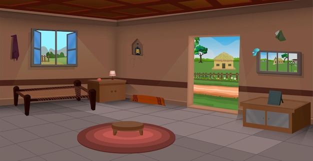 Vector ilustración vectorial de la habitación de la aldea dentro del vector de la habitación pobre interior de la vieja cabaña
