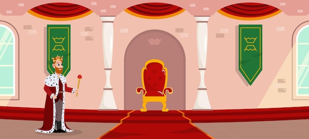 Vector ilustración vectorial de una habitación real en estilo de dibujos animados el rey va a su trono a través de un magnífico castillo posesiones reales