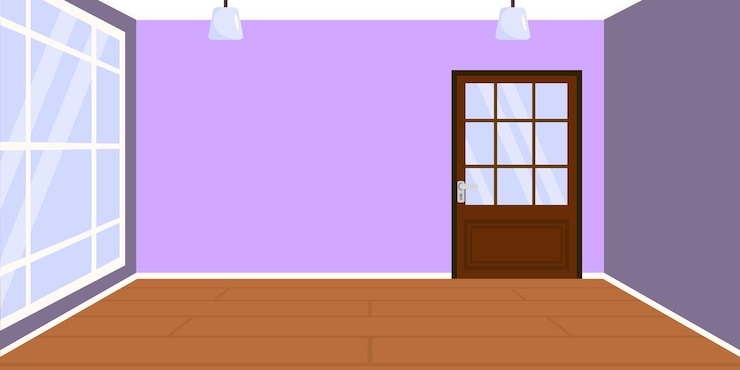 Vector ilustración vectorial de una habitación vacía interior de dibujos animados de una habitación brillante después de la renovación con un techo de ventana con candelabros puertas paredes púrpuras parquet suelo de madera