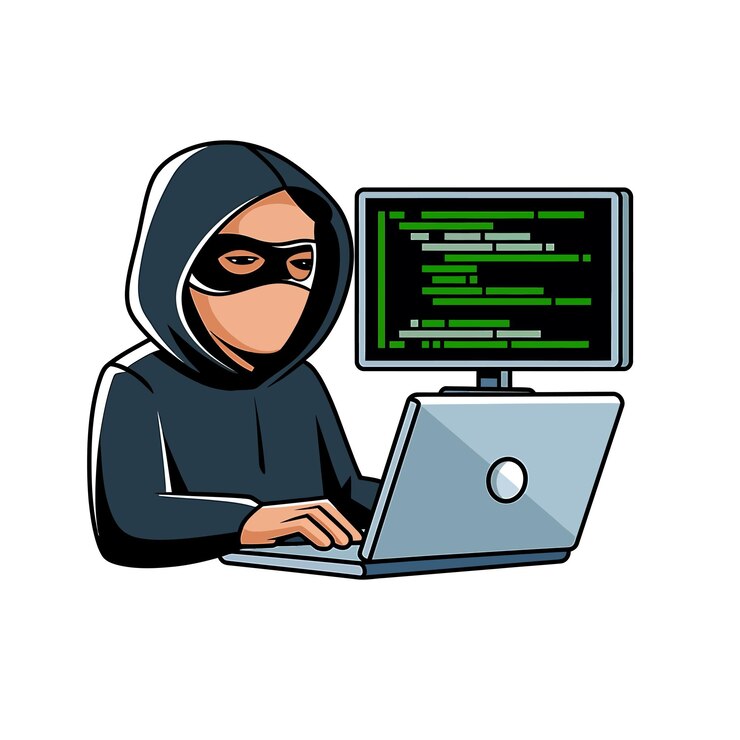 Vector ilustración vectorial de un hacker que opera una computadora portátil