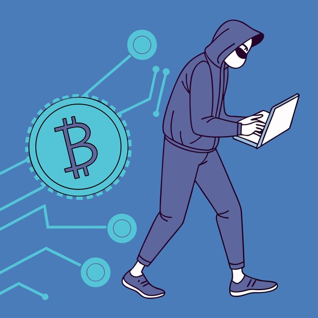 Ilustración vectorial de hackers de Bitcoin que representa el cibercrimen de las criptomonedas