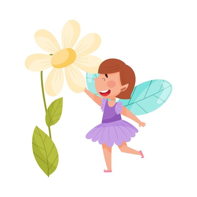 Ilustración vectorial de hadas alegres con alas que tocan las flores