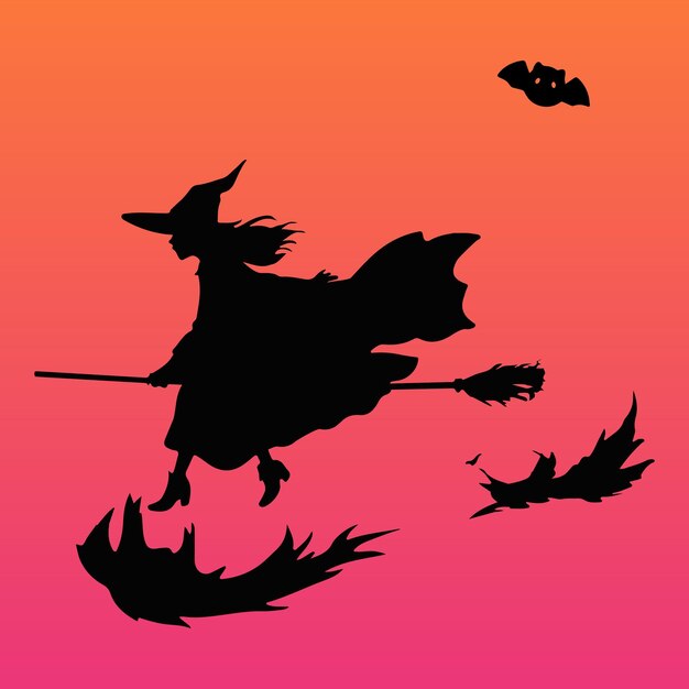 Ilustración vectorial de Halloween Bruja en la silueta de la escoba