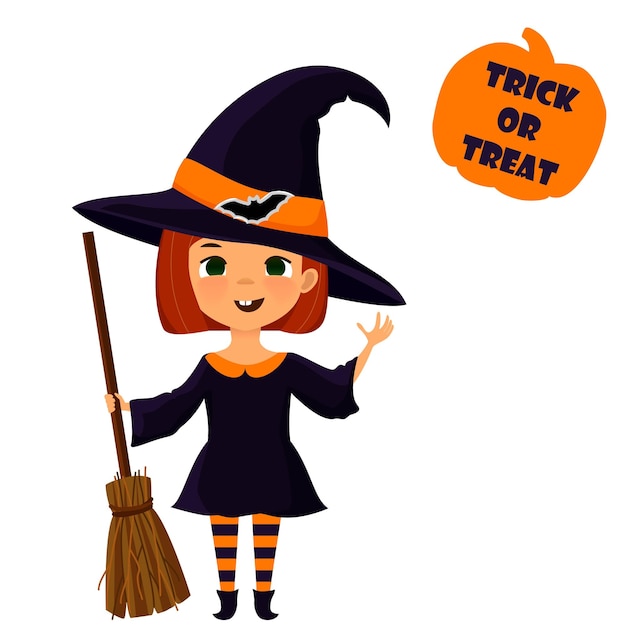 ilustración vectorial de Halloween. Chica joven en traje de bruja de Halloween con sombrero y escoba.