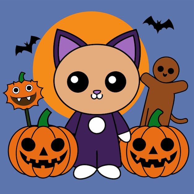 Ilustración vectorial de Halloween Linocut Kawaii Clipart de dibujos animados Diseños de linocut vectorial kawaii