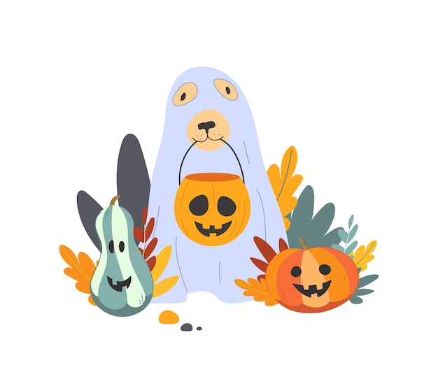 Ilustración vectorial de Halloween con un perro vestido como un fantasma y dos linternas jack o