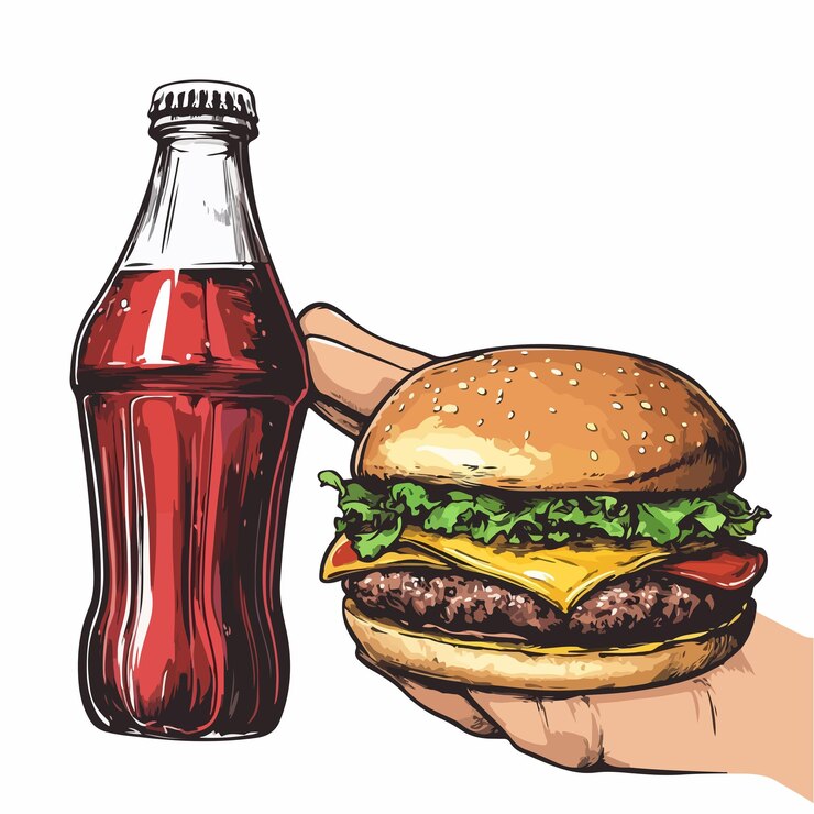 Vector ilustración vectorial de hamburguesa y botella de refresco en la mano