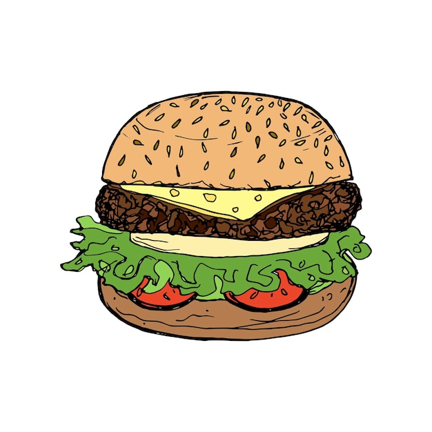 Ilustración vectorial de una hamburguesa jugosa aislada sobre un fondo blanco Ilustración a colores de comida rápida