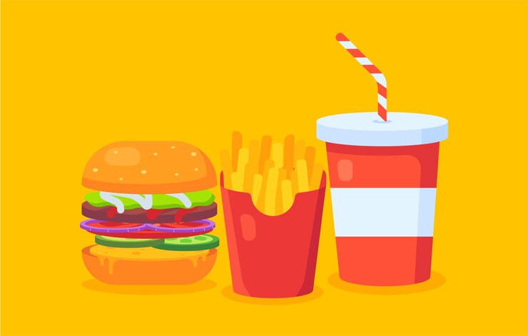Vector ilustración vectorial de una hamburguesa con papas fritas y una bebida