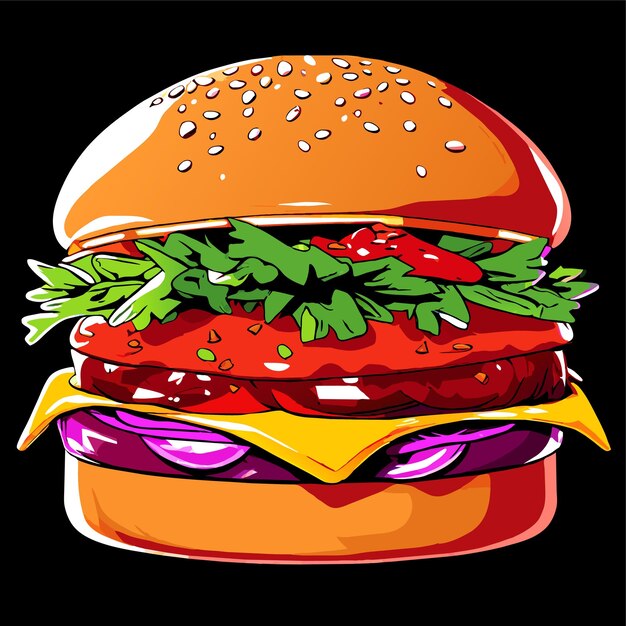 Vector ilustración vectorial de hamburguesa a la parrilla con ketchup de cebolla y papas fritas