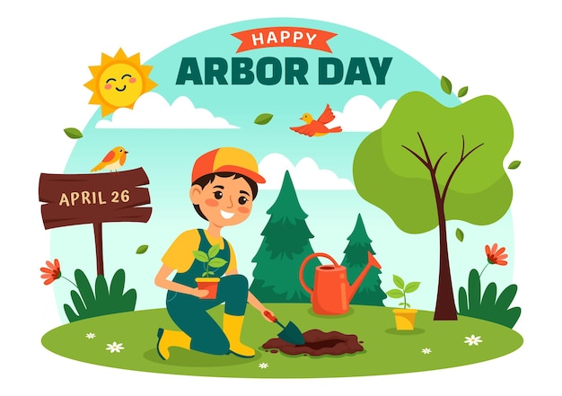 Vector ilustración vectorial de happy arbor day con la plantación de un árbol y el entorno natural