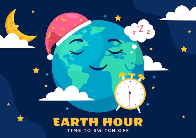 Vector ilustración vectorial de happy earth hour day con bombilla de nube mapa del mundo y hora de apagarse en diseño de fondo de dibujos animados plano