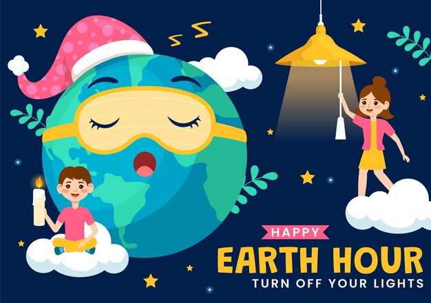 Ilustración vectorial de Happy Earth Hour Day con bombilla de nube Mapa del mundo y hora de apagarse en diseño de fondo de dibujos animados plano