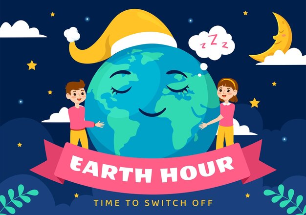 Vector ilustración vectorial de happy earth hour day con bombilla de nube mapa del mundo y hora de apagarse en diseño de fondo de dibujos animados plano