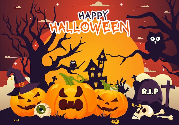 Ilustración vectorial de Happy Halloween Night con calabazas a la luz de la luna, fantasmas y otros elementos espeluznantes en un fondo plano de dibujos animados