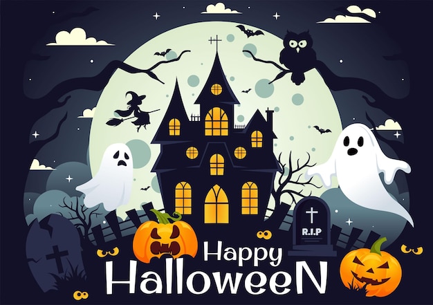 Ilustración vectorial de Happy Halloween Night con calabazas a la luz de la luna, fantasmas y otros elementos espeluznantes en un fondo plano de dibujos animados
