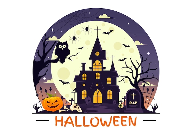 Ilustración vectorial de Happy Halloween Night con calabazas a la luz de la luna, fantasmas y otros elementos espeluznantes en un fondo plano de dibujos animados