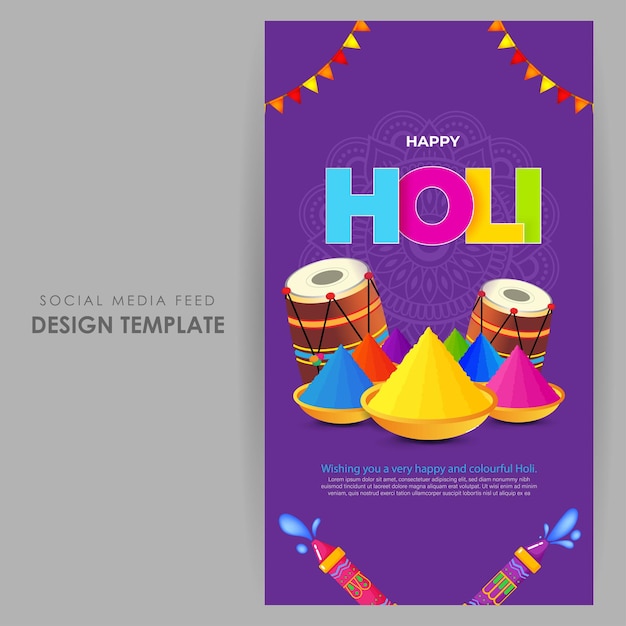 Ilustración vectorial de Happy Holi desea plantilla de maqueta de alimentación de historias de redes sociales