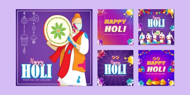 Ilustración vectorial de Happy Holi desea plantilla de maqueta de conjunto de historias de redes sociales