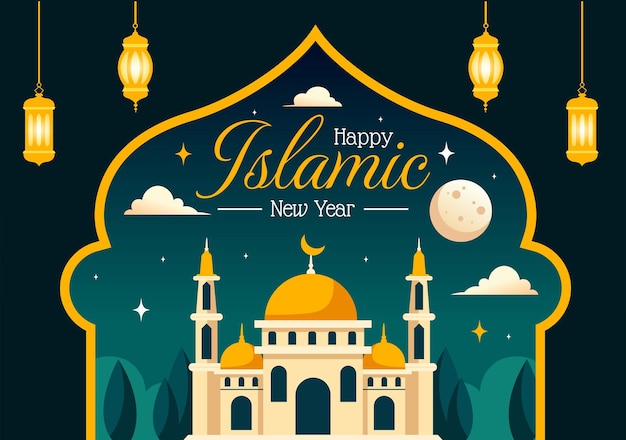 Ilustración vectorial de Happy Muharram de la celebración del Año Nuevo Islámico con concepto de mezquita y linterna