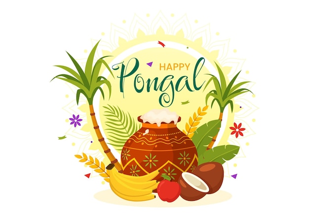 Ilustración vectorial de Happy Pongal de la celebración tradicional del festival de la India de Tamil Nadu con caña de azúcar