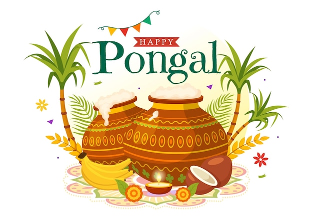Ilustración vectorial de Happy Pongal de la celebración tradicional del festival de la India de Tamil Nadu con caña de azúcar