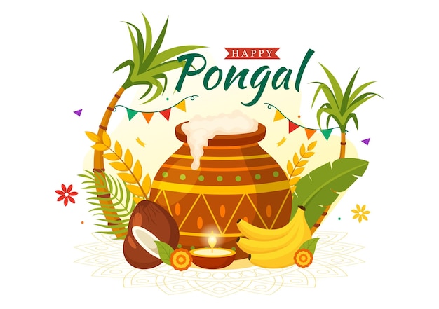 Ilustración vectorial de Happy Pongal de la celebración tradicional del festival de la India de Tamil Nadu con caña de azúcar