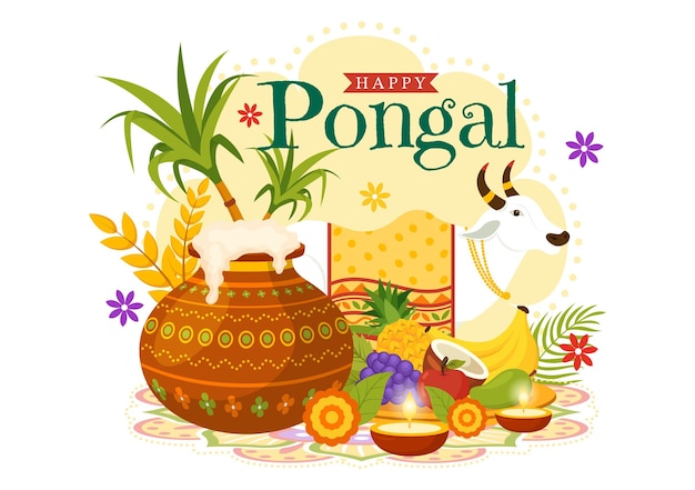 Ilustración vectorial de Happy Pongal de la celebración tradicional del festival de la India de Tamil Nadu con caña de azúcar