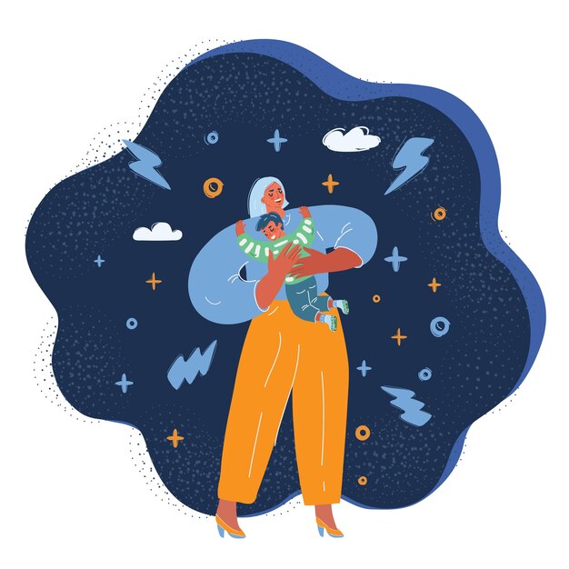 Ilustración vectorial de Happy sun abrazando a su madre sobre un fondo oscuro