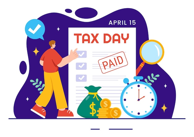 Ilustración vectorial de Happy Tax Day con formulario de impuesto de clipboard y documento de papel para pagar las facturas