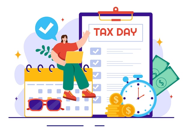Ilustración vectorial de Happy Tax Day con formulario de impuesto de clipboard y documento de papel para pagar las facturas