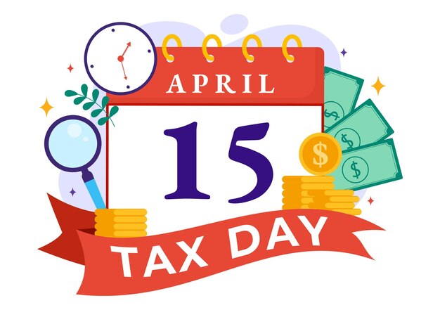 Ilustración vectorial de happy tax day con formulario de impuesto de clipboard y documento de papel para pagar las facturas