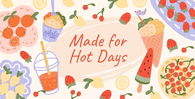 Ilustración vectorial con helado de verano, postre de frutas, limonada y sandía para días calurosos