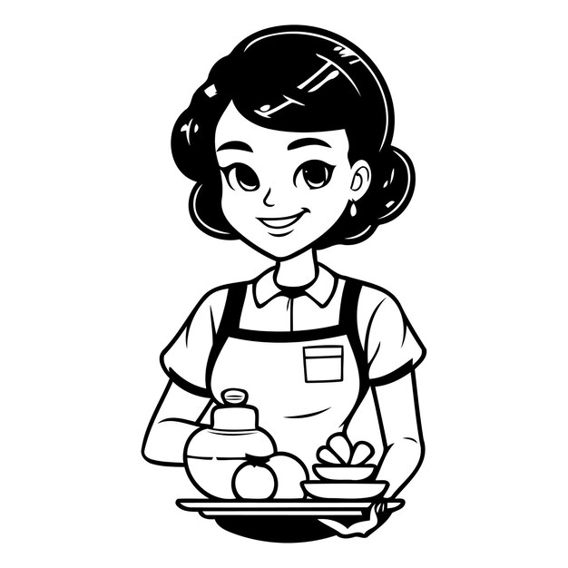 Ilustración vectorial de una hermosa camarera con una bandeja de comida ilustración vectoria