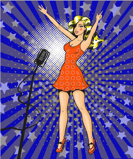 Vector ilustración vectorial de una hermosa cantante que está en el escenario en estilo cómico de arte pop retro