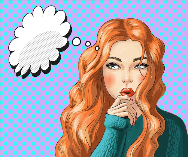 Ilustración vectorial de una hermosa chica pensando en algo, burbuja de pensamiento, retrato de una mujer pelirroja en estilo cómico de arte pop retro.