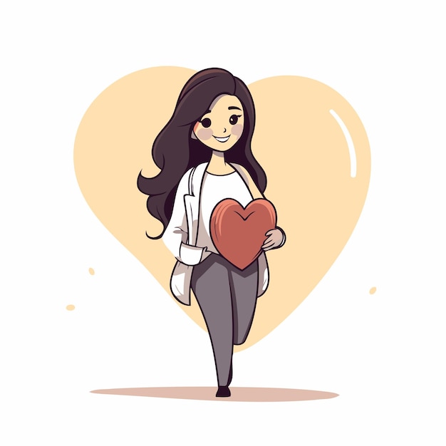 Vector ilustración vectorial de una hermosa chica sosteniendo un gran corazón rojo concepto de amor